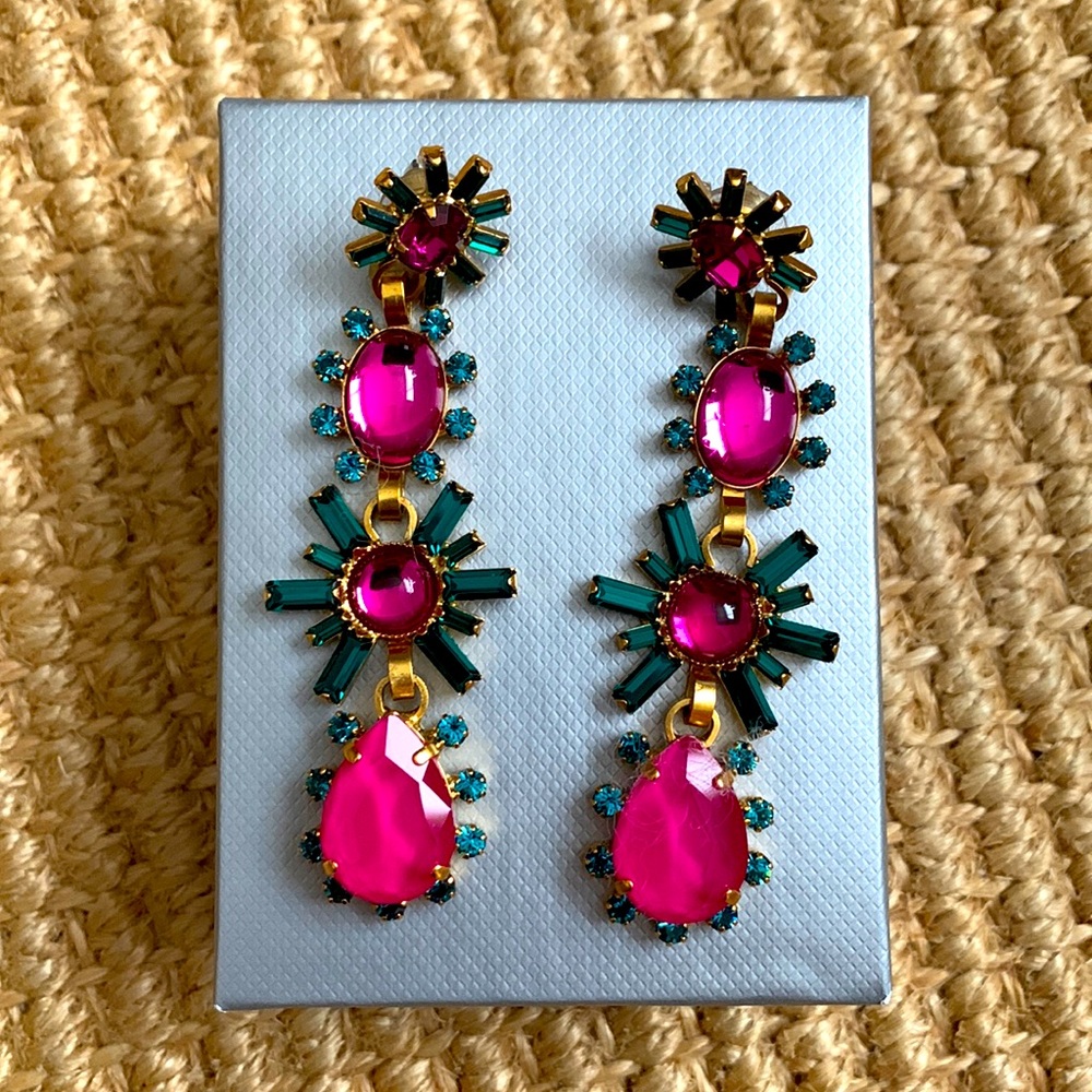 Elizabeth Cole Lila Swarovski Crystal Earrings Pink Fuscia Emerald Green Gold
